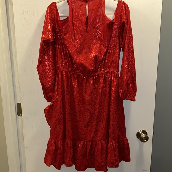Michael Michael Kors Red Dress Long Sleeve/Cold Shoulder Flounce Hem EUC SZ LRG - Picture 9 of 11